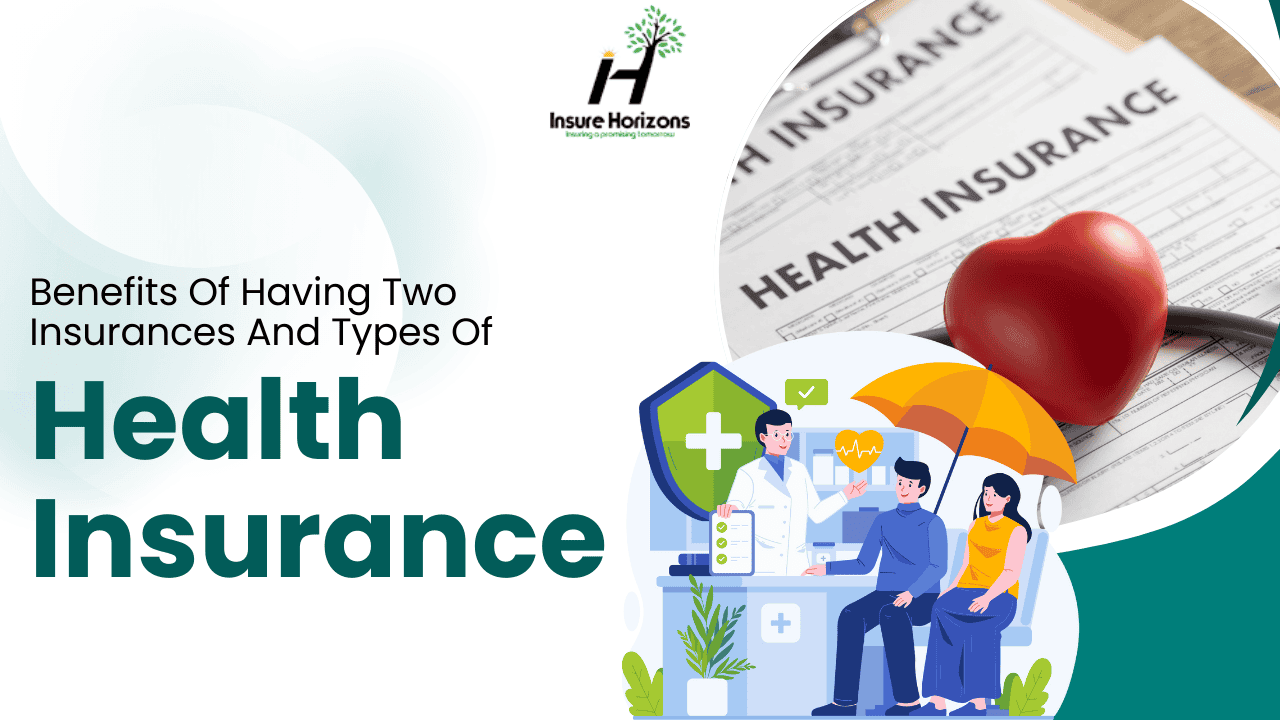 Illustration of a doctor consulting a couple with an umbrella, alongside a heart on a health insurance form, highlighting benefits of having two health insurance plans.