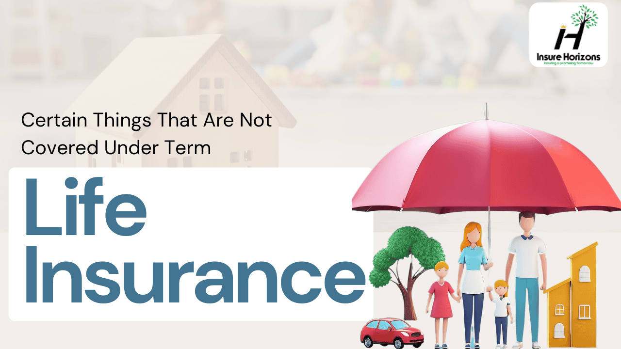 Illustration of family under red umbrella with house, car, and tree, text discussing term life insurance exclusions.