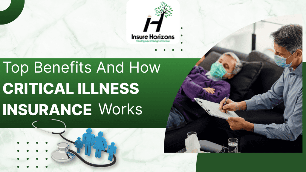 Doctor writing notes while speaking to a masked patient on a couch, with text about critical illness insurance benefits.