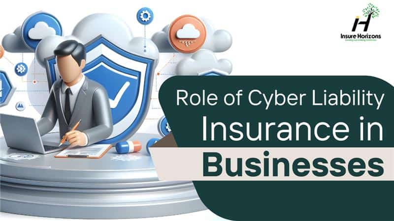 Illustration of a person working on a laptop with security icons, text about cyber liability insurance in businesses.