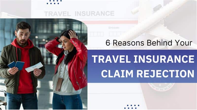 Frustrated travelers holding tickets and passports, with text about travel insurance claim rejection.