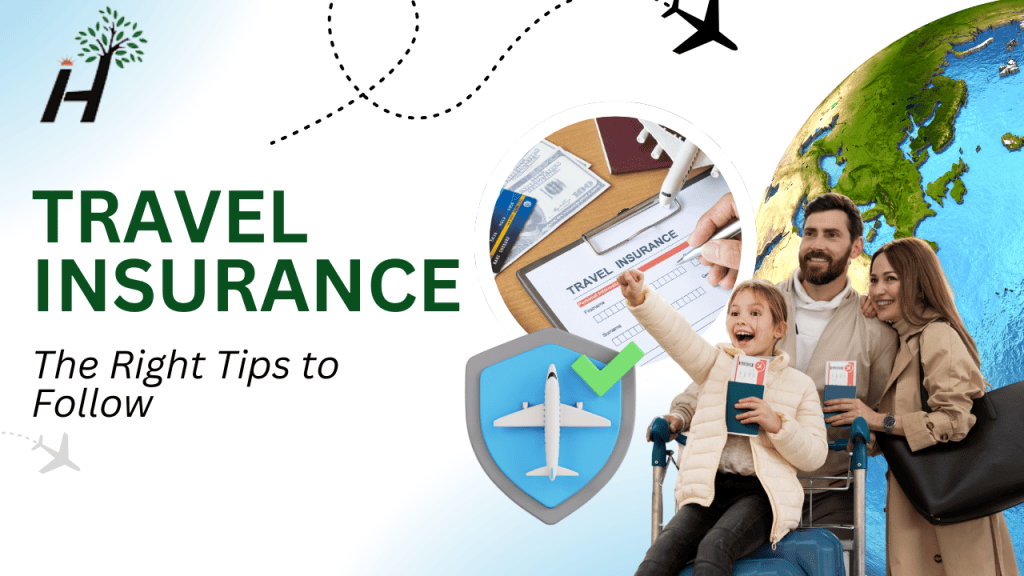 Travel insurance tips banner with a family holding passports, travel insurance form, airplane icon, and globe in the background.