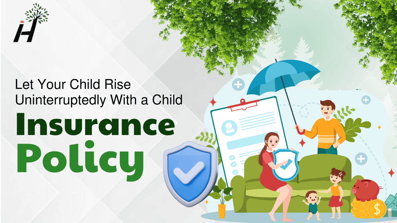 Illustration promoting a child insurance policy with a family under an umbrella, surrounded by children, documents, and savings symbols