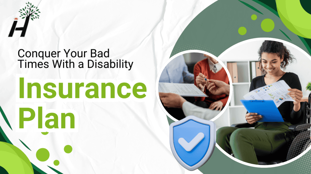 Promotional image for a disability insurance plan showing a woman in a wheelchair reading documents and people discussing paperwork.
