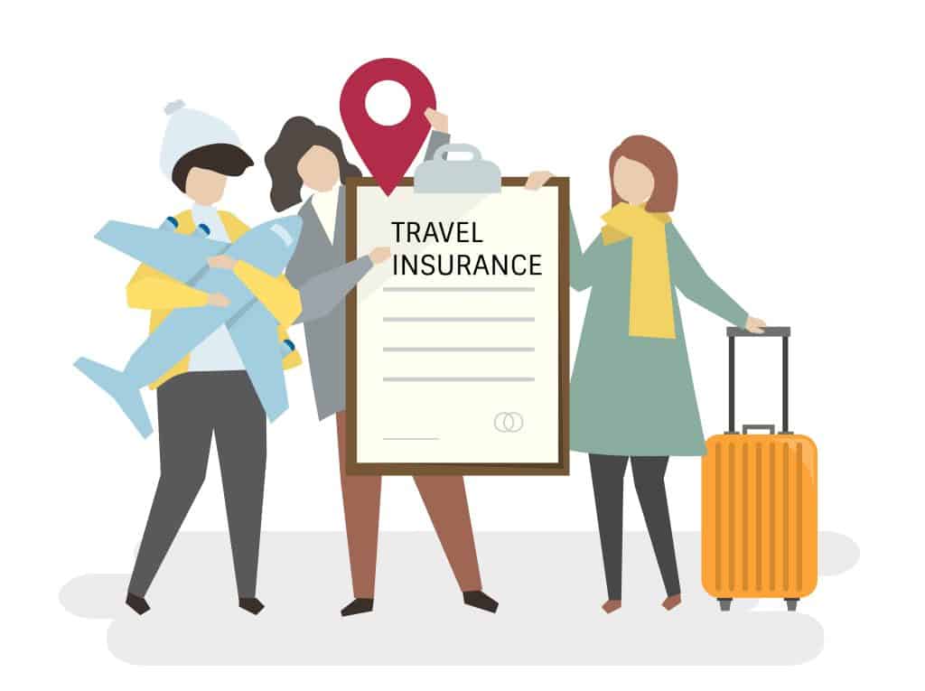 Travel insurance concept with family at airport, travel insurance sticker, travel protection, vacation cover, travel safety.