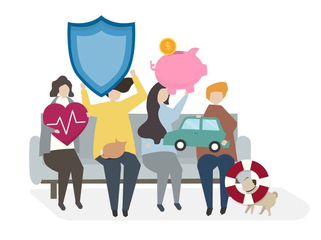 Children and pets with health, life, and auto insurance icons, illustrating comprehensive coverage.