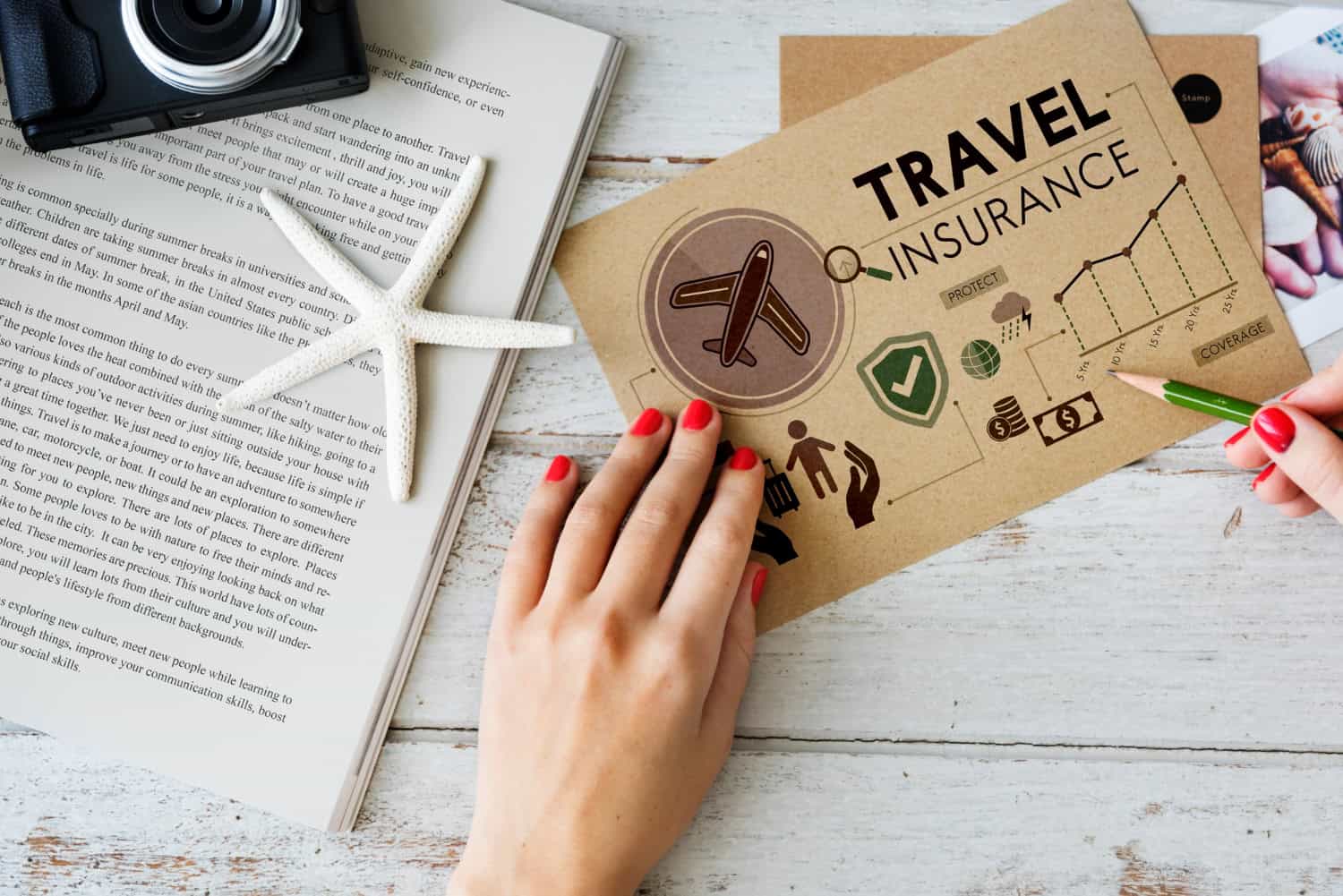 Travel insurance brochure with icons and illustrations for trip protection.