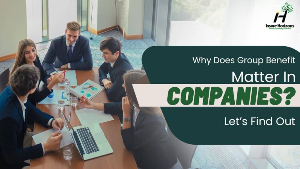 Business team discussing group benefits in a modern office setting.