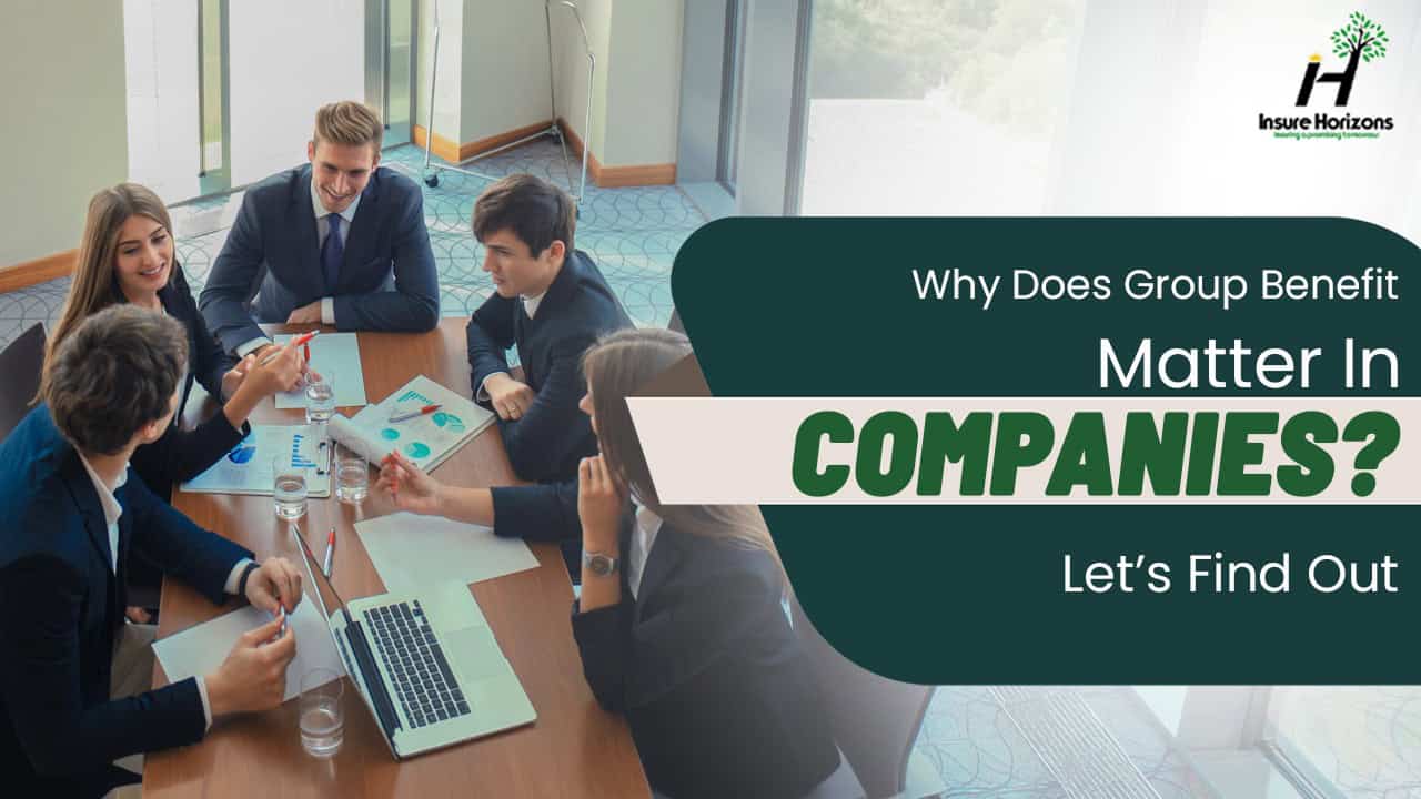 Business team discussing group benefits in a modern office setting.