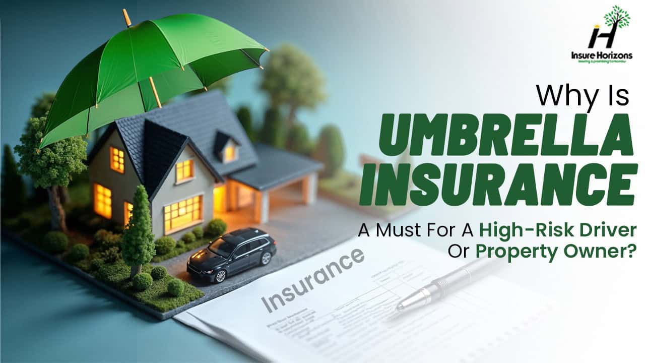 Miniature house with umbrella and car, symbolizing umbrella insurance protection.