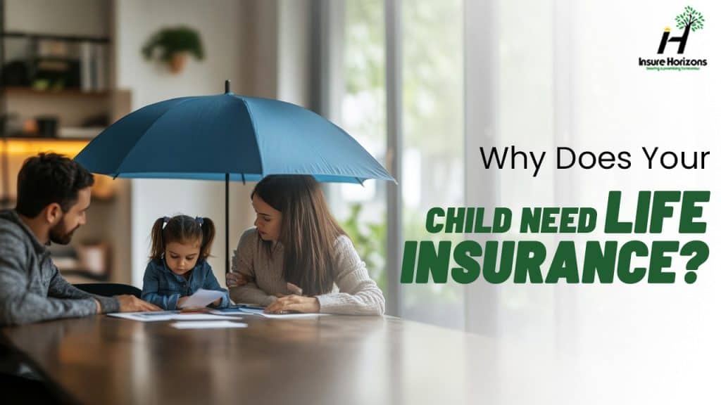 Family discussing life insurance under a blue umbrella indoors.