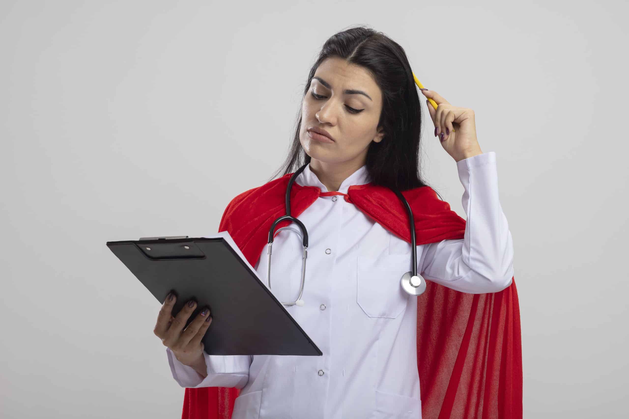 Female doctor with a red cape reading a clipboard, thinking deeply.