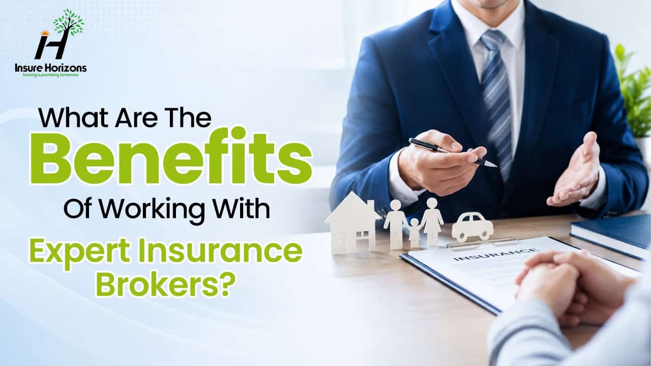 A corporate blog banner showing a broker in a suit explaining policy options using small house, family, and car figurines.