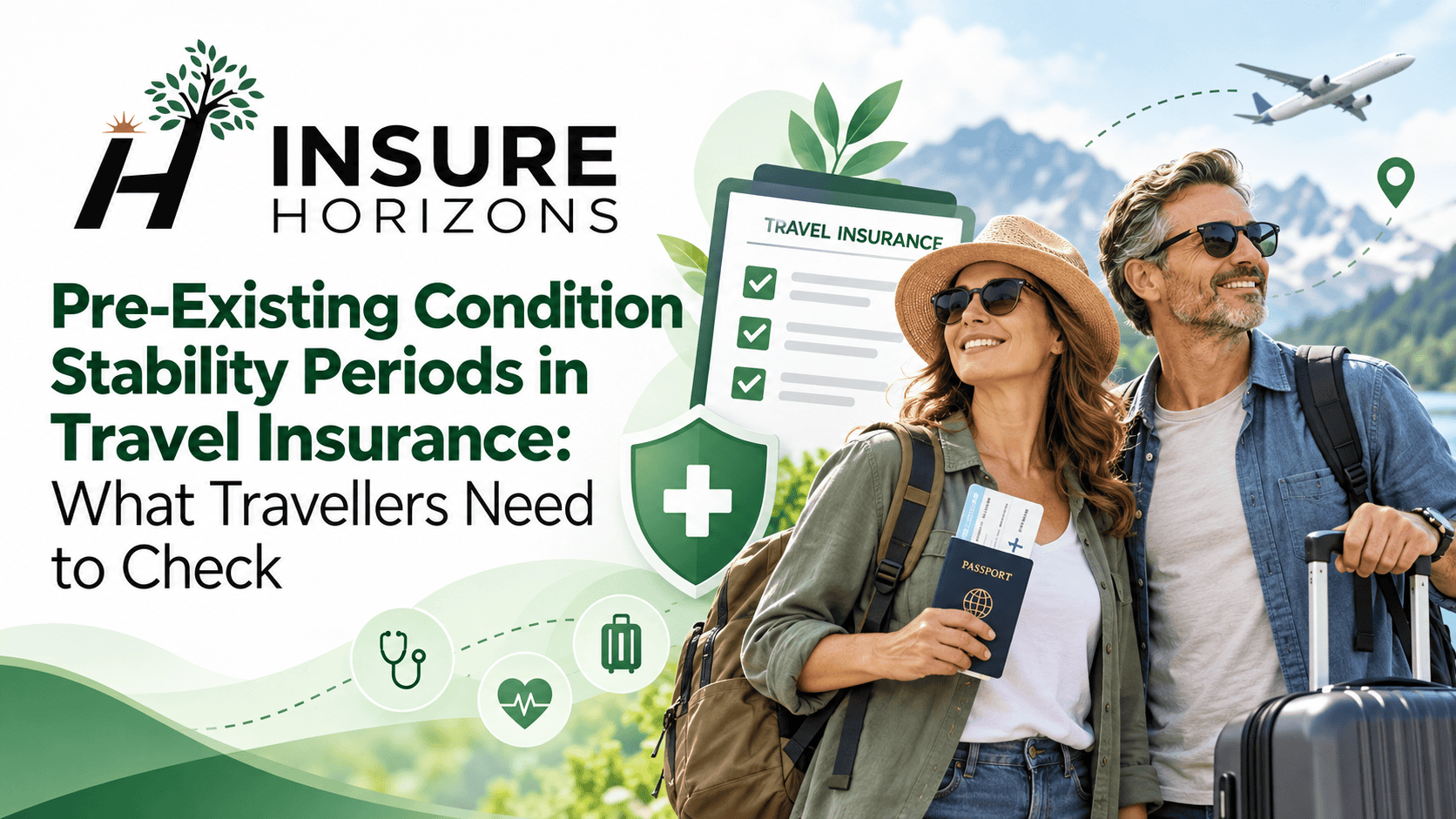 Travelers with luggage and travel insurance documents at scenic mountain location.