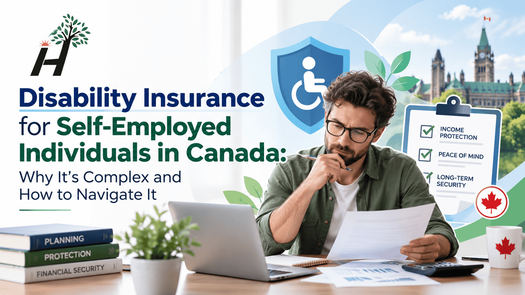 Man reviewing disability insurance documents for self-employed in Canada.