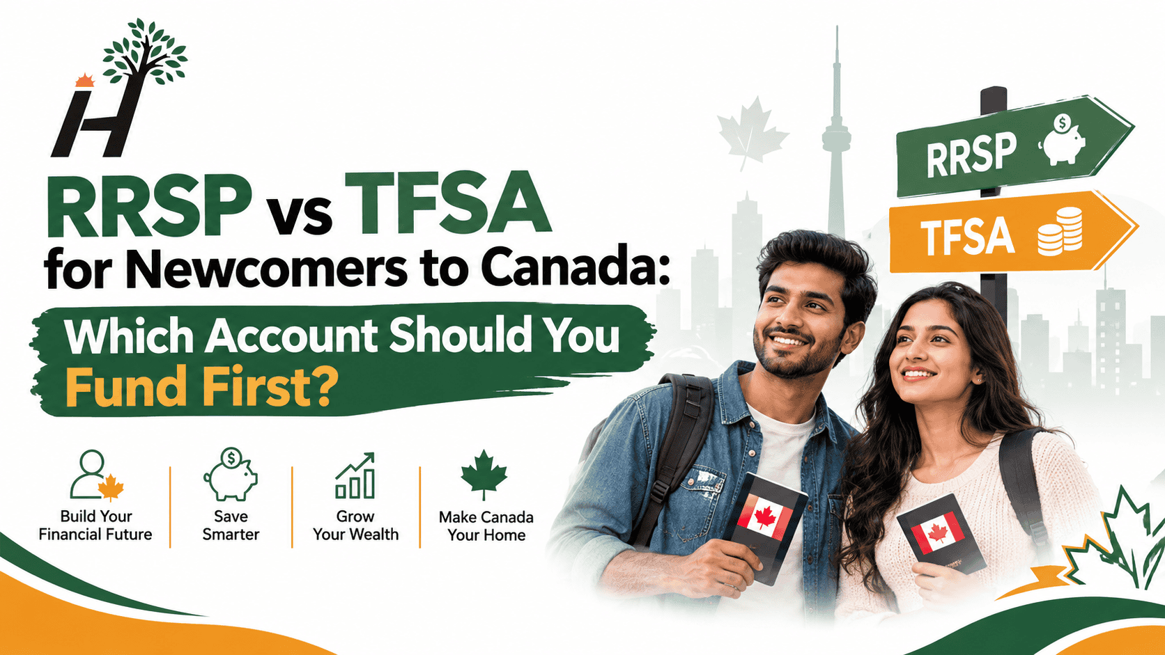 Young Canadians holding passports with maple leaf symbols, promoting RRSP and TFSA savings.