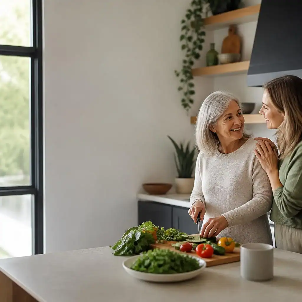 Two women smiling and cooking together in a bright, modern kitchen.